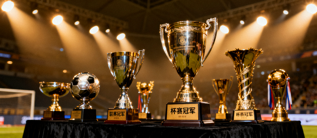 赛事奖杯在灯光下陈列，代表联赛与杯赛荣誉
