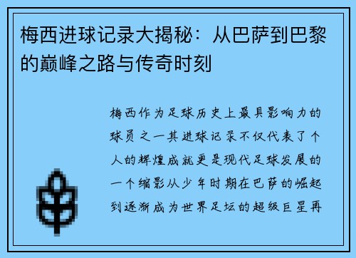 梅西进球记录大揭秘：从巴萨到巴黎的巅峰之路与传奇时刻